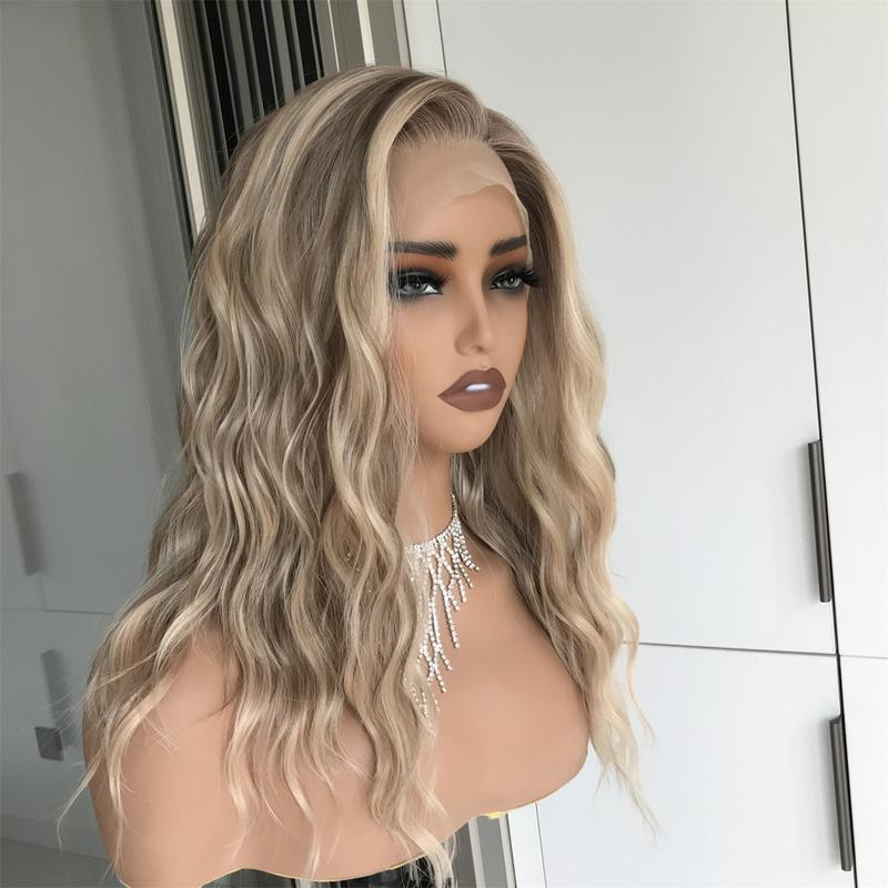 AISOM Mila Warm Blonde Scandinavian Hairline Water Wave Free Part Lace Front Wig 16 Inch Low Density Synthetic Lace Wig for Women Daily Use