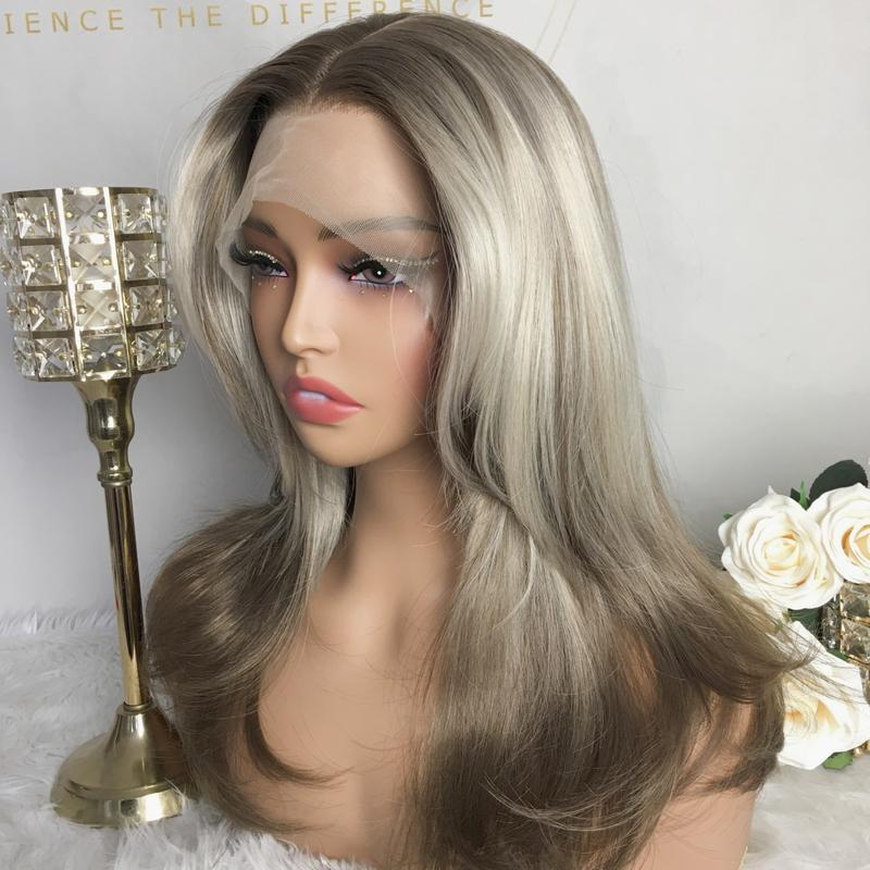 A50 by AISOM Ash Platinum Layered Straight 18“ Highlight Wig Mixed Brown and Blonde Color 13*4 Lace Front Wigs for Women Synthetic Wig