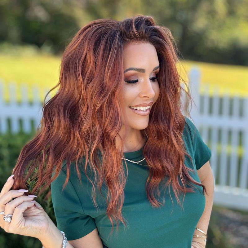 AISOM Mila Copper Blend Water Wave Synthetic Lace Front Wig with Scandinavian Hairline 16 Inch Low Density Heat Friendly Glueless Wig