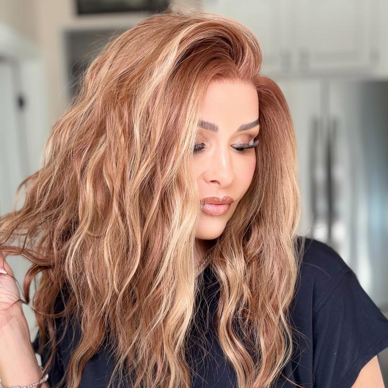 AISOM Mila Caramel Water Wave Free Part Lace Front Wig 16 Inch 13x4 Glueless Synthetic Lace Wigs for Women Heat Friendly Daily Use