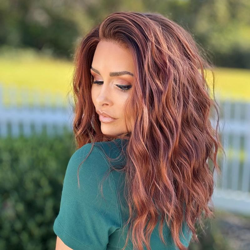 AISOM Mila Copper Blend Water Wave Synthetic Lace Front Wig with Scandinavian Hairline 16 Inch Low Density Heat Friendly Glueless Wig