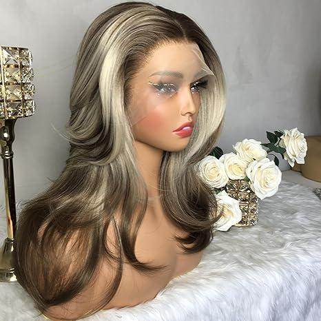 A50 by AISOM Ash Platinum Layered Straight 18“ Highlight Wig Mixed Brown and Blonde Color 13*4 Lace Front Wigs for Women Synthetic Wig