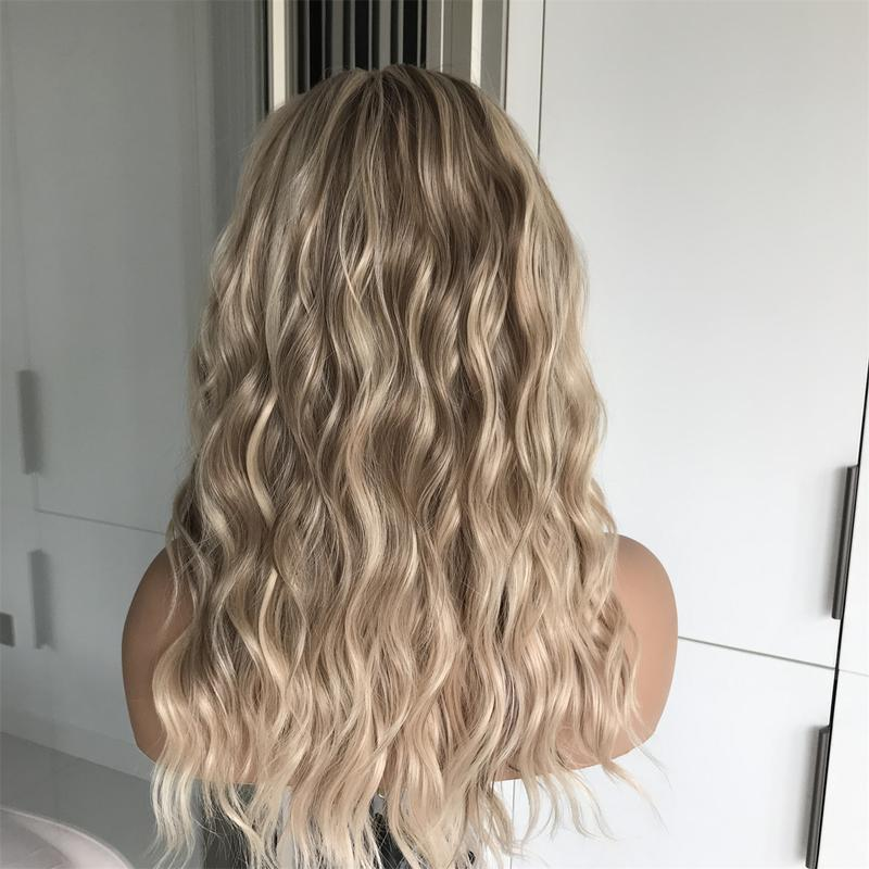 AISOM Mila Warm Blonde Scandinavian Hairline Water Wave Free Part Lace Front Wig 16 Inch Low Density Synthetic Lace Wig for Women Daily Use
