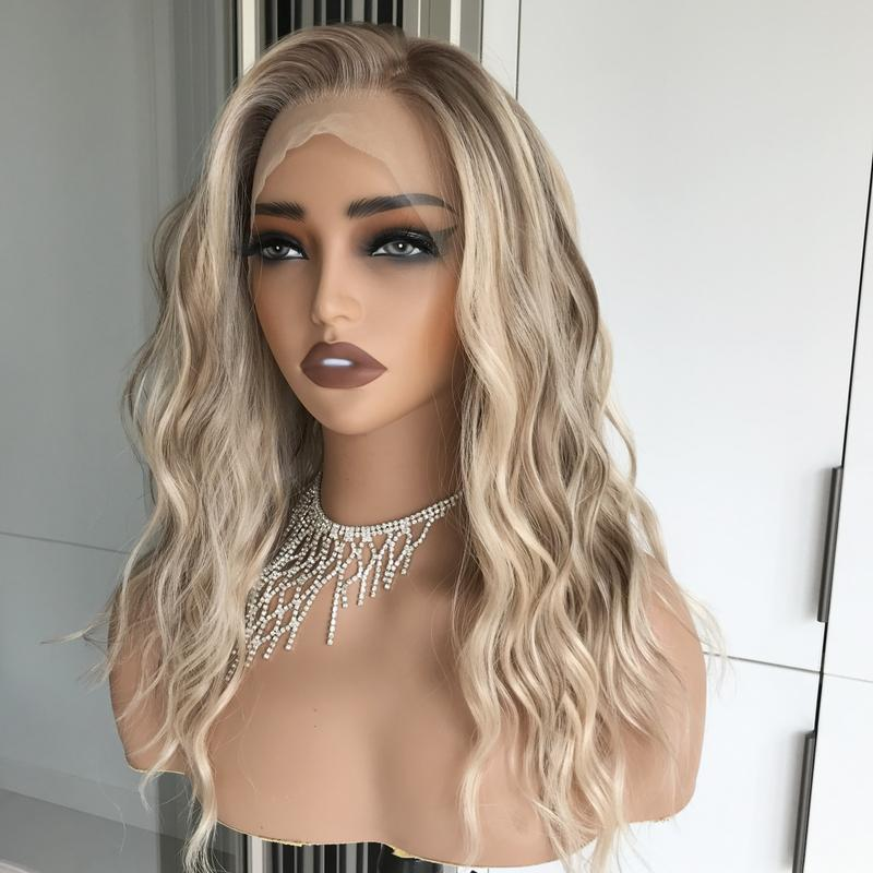 AISOM Mila Warm Blonde Scandinavian Hairline Water Wave Free Part Lace Front Wig 16 Inch Low Density Synthetic Lace Wig for Women Daily Use
