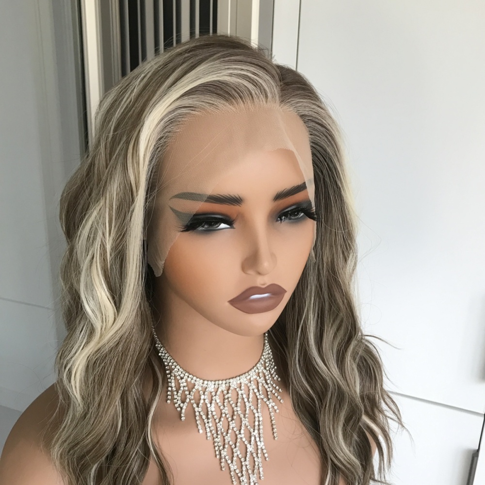 AISOM Mila Iced Latte  Water Wave Free Part Lace Front Wig with Scandinavian Hairline 16 Inch Heat Friendly Synthetic Lace Wig for Womem Low Density Daily Use