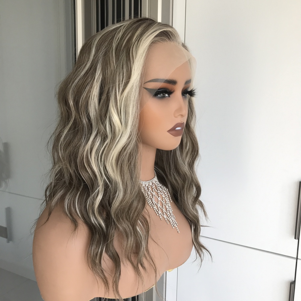 AISOM Mila Iced Latte  Water Wave Free Part Lace Front Wig with Scandinavian Hairline 16 Inch Heat Friendly Synthetic Lace Wig for Womem Low Density Daily Use