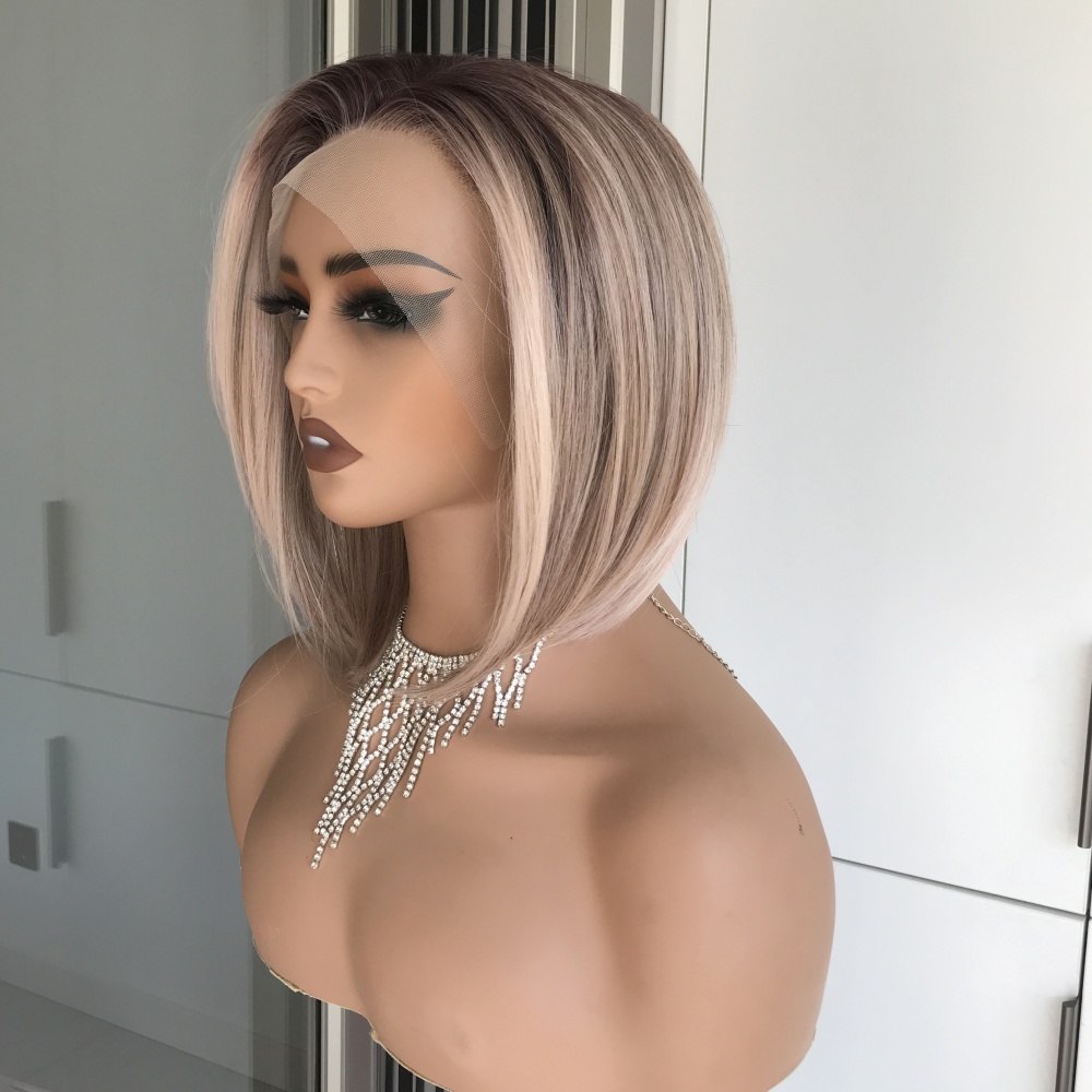 AISOM Caris Apricrown  Short Bob Cut Free Part Lace Front Wig with Scandinavian Hairline Very Low Density 12 Inches Heat Friendly Synthetic Wig