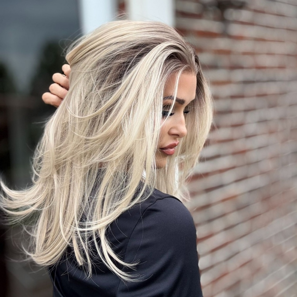A72 by AISOM Ombre Ash Blonde Layered Straight with Curtain bangs 13x6 Luxe Free Part Synthetic Lace Frontal Wig for Women 18 Inches Daily Use
