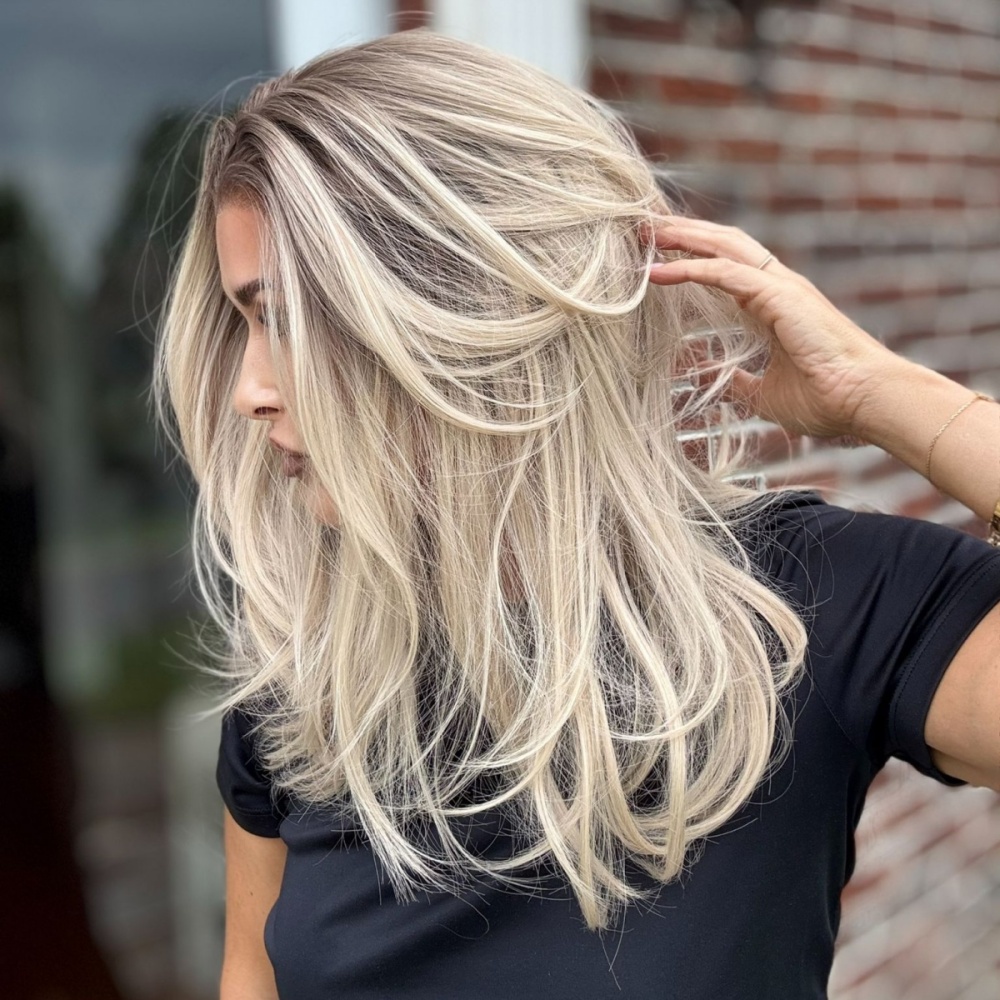A72 by AISOM Ombre Ash Blonde Layered Straight with Curtain bangs 13x6 Luxe Free Part Synthetic Lace Frontal Wig for Women 18 Inches Daily Use