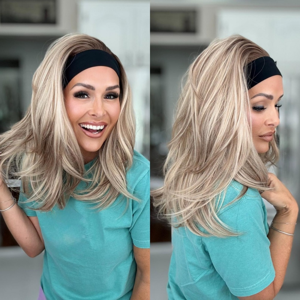 Lena by AISOM Layered Straight Headband Wig Warm Blonde Highlight for Women 16 Inches Friendly for Beginner Low Density