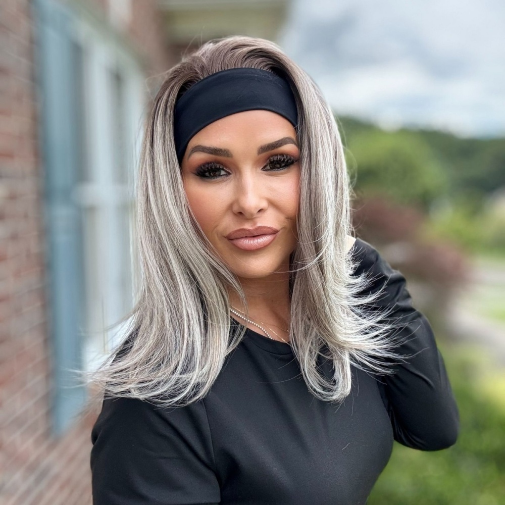 Lena by AISOM Smoky Ash Layered Straight Headband Wig 16 Inches Heat Friendly Synthetic Hair Easy to Wear