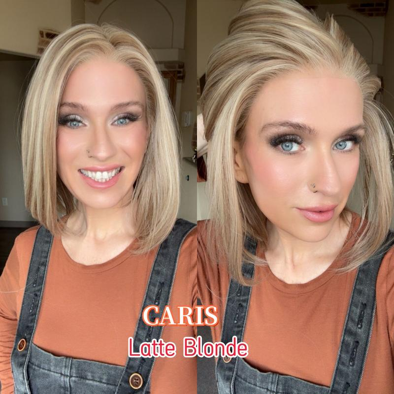 Caris by AISOM Short Bob Cut Free Part Lace Front Wig with Scandinavian Hairline Very Low Density 12 Inches Heat Friendly Synthetic Wig