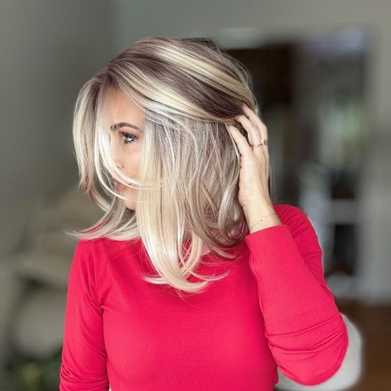 A62 by AISOM Free Part Natural Bob Cut 13 inches Bright Blonde with Brown Blend Synthetic Lace Wig for Daily Wear Short Wig Natural Looking