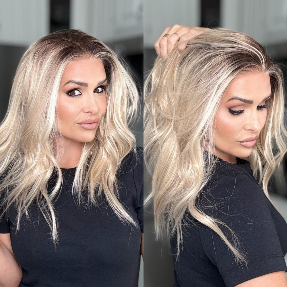 Tori by AISOM Soft Wave 16 Inches Natural Blonde Free Part Synthetic Lace Front Wigs with Scandinavian Hairline Fashion Women Gluless Wig Low Density