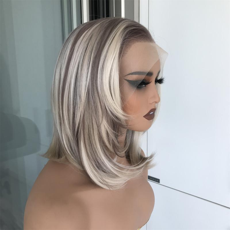 A62 by AISOM Free Part Natural Bob Cut 13 inches Bright Blonde with Brown Blend Synthetic Lace Wig for Daily Wear Short Wig Natural Looking