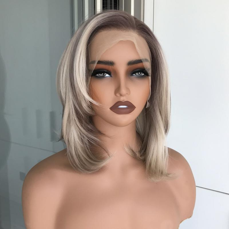 A62 by AISOM Free Part Natural Bob Cut 13 inches Bright Blonde with Brown Blend Synthetic Lace Wig for Daily Wear Short Wig Natural Looking