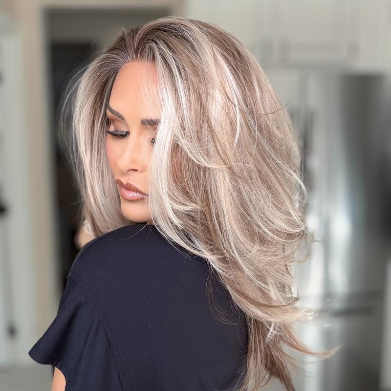 AISOM Jenna Layered Straight Buttercream Blonde mix Brown 13x4 Free Part Lace Front Wig with Scandinavian Hairline Wolf Cut Low Density 20 inches
