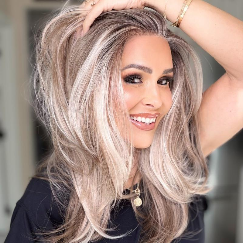 AISOM Jenna Layered Straight Buttercream Blonde mix Brown 13x4 Free Part Lace Front Wig with Scandinavian Hairline Wolf Cut Low Density 20 inches