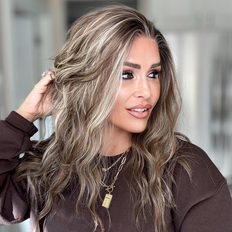 AISOM Mila Iced Latte  Water Wave Free Part Lace Front Wig with Scandinavian Hairline 16 Inch Heat Friendly Synthetic Lace Wig for Womem Low Density Daily Use