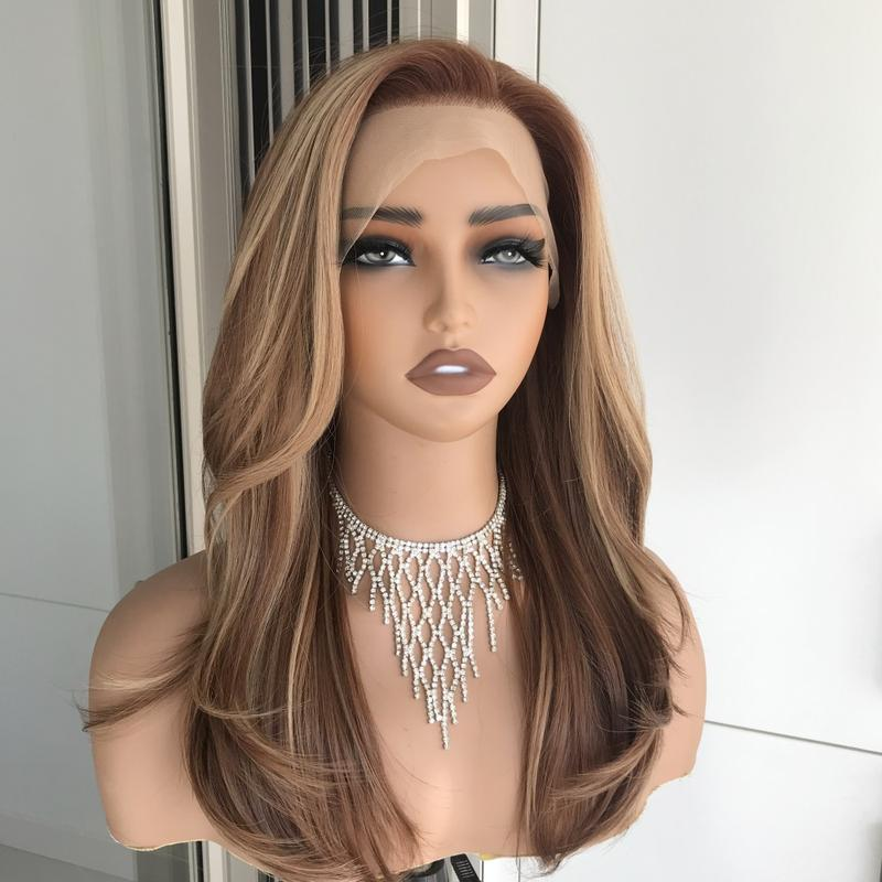 A47 by AISOM 20“ Highlight Copper Blonde Layered Straight Synthetic Lace Front Wigs 13x4 HD Glueless Wig Pre Plucked Free Part Heat Resistant Fiber Wig for Women