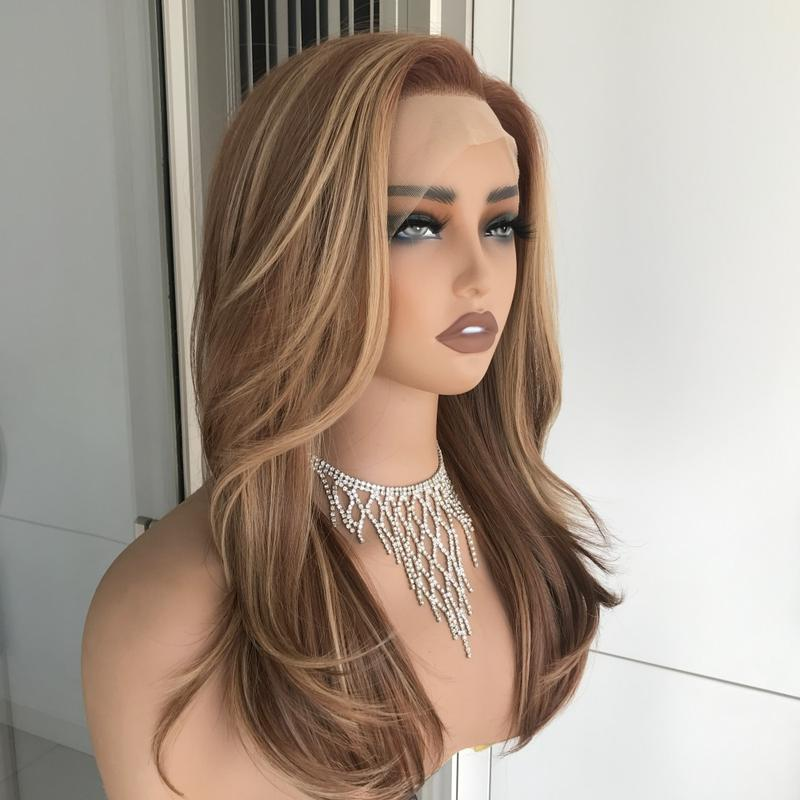A47 by AISOM 20“ Highlight Copper Blonde Layered Straight Synthetic Lace Front Wigs 13x4 HD Glueless Wig Pre Plucked Free Part Heat Resistant Fiber Wig for Women