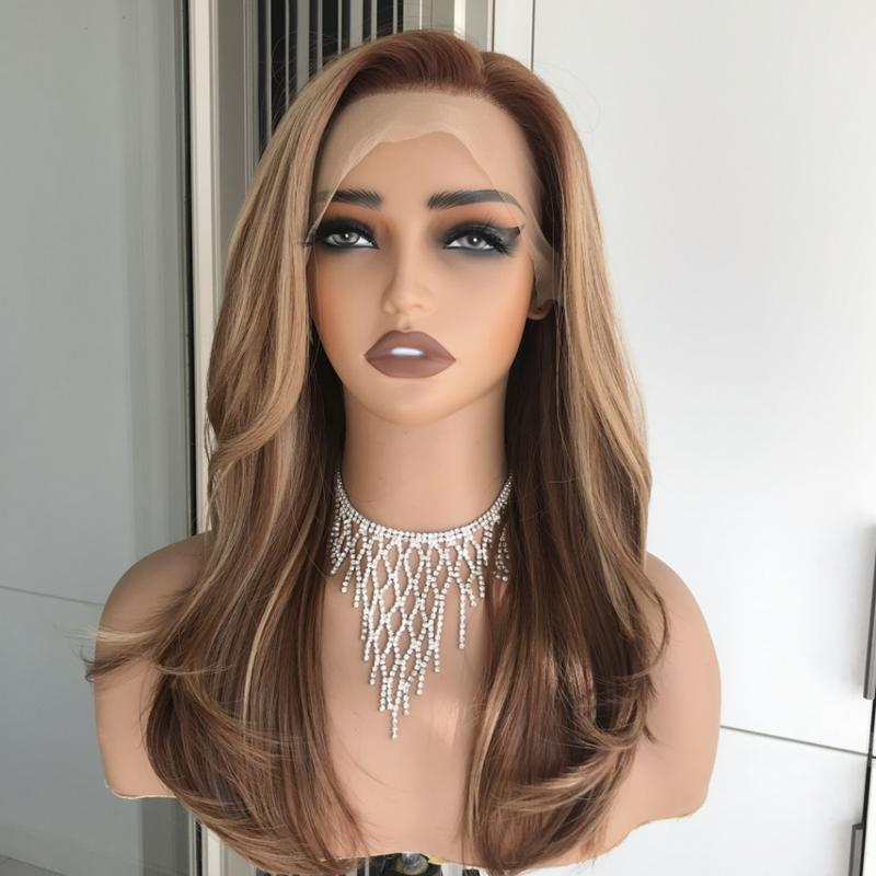 A47 by AISOM 20“ Highlight Copper Blonde Layered Straight Synthetic Lace Front Wigs 13x4 HD Glueless Wig Pre Plucked Free Part Heat Resistant Fiber Wig for Women