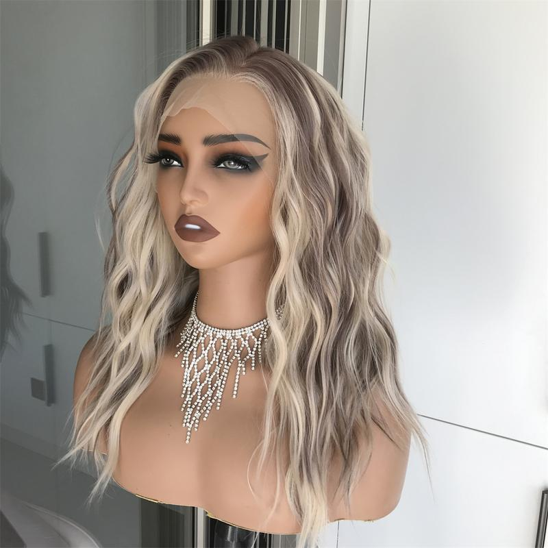 AISOM-Sasha Cool Blonde Highlights Water Wave 13x4 Free Part Lace Front Wig 16inches with Scandinavian Hairline Low Density Natural Looking Glueless Wig