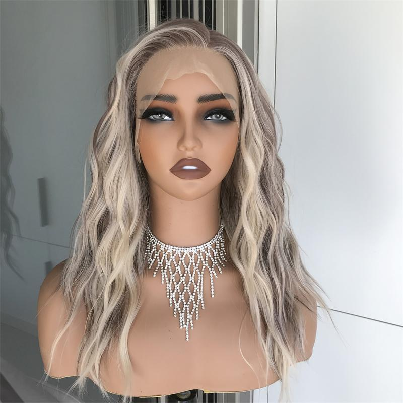 AISOM-Sasha Cool Blonde Highlights Water Wave 13x4 Free Part Lace Front Wig 16inches with Scandinavian Hairline Low Density Natural Looking Glueless Wig