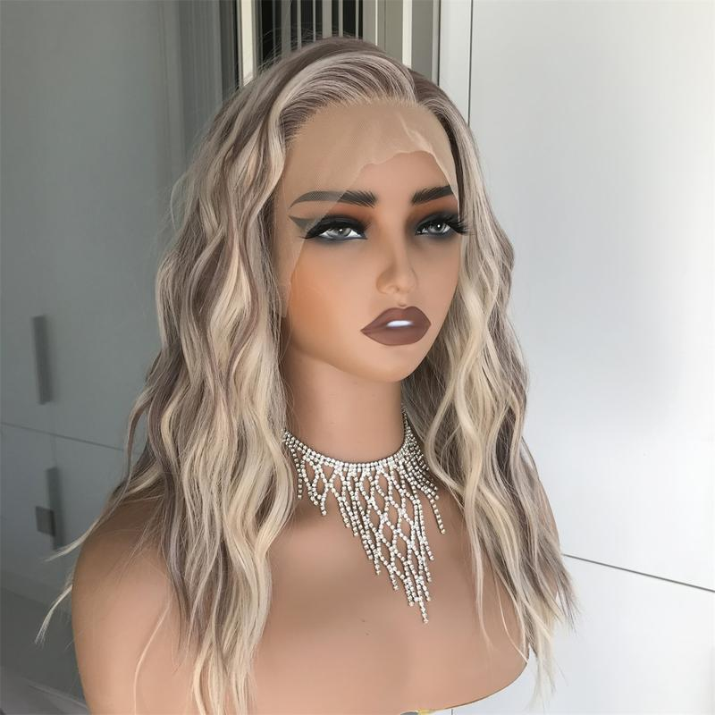 AISOM-Sasha Cool Blonde Highlights Water Wave 13x4 Free Part Lace Front Wig 16inches with Scandinavian Hairline Low Density Natural Looking Glueless Wig