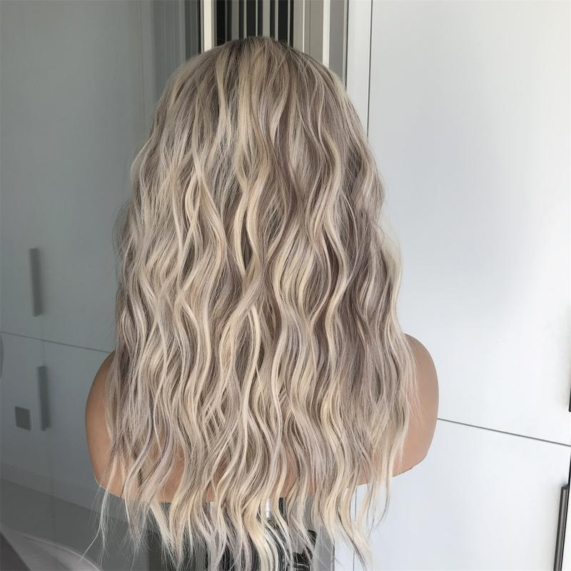 AISOM-Sasha Cool Blonde Highlights Water Wave 13x4 Free Part Lace Front Wig 16inches with Scandinavian Hairline Low Density Natural Looking Glueless Wig