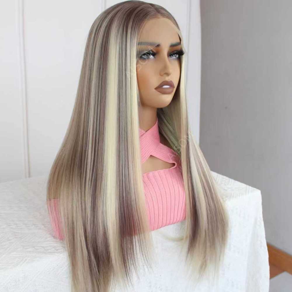 A58 by AISOM Long Straight Heat Friendly Synthetic Wig 13*4 Free Part Bright Blonde Highlight Lace Front Wigs for Women 27" Low Density
