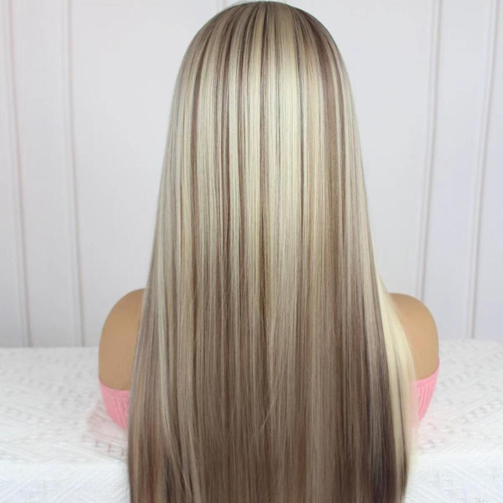 A58 by AISOM Long Straight Heat Friendly Synthetic Wig 13*4 Free Part Bright Blonde Highlight Lace Front Wigs for Women 27" Low Density