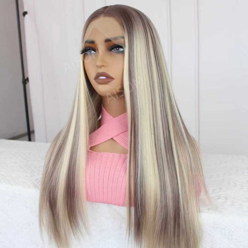 A58 by AISOM Long Straight Heat Friendly Synthetic Wig 13*4 Free Part Bright Blonde Highlight Lace Front Wigs for Women 27" Low Density