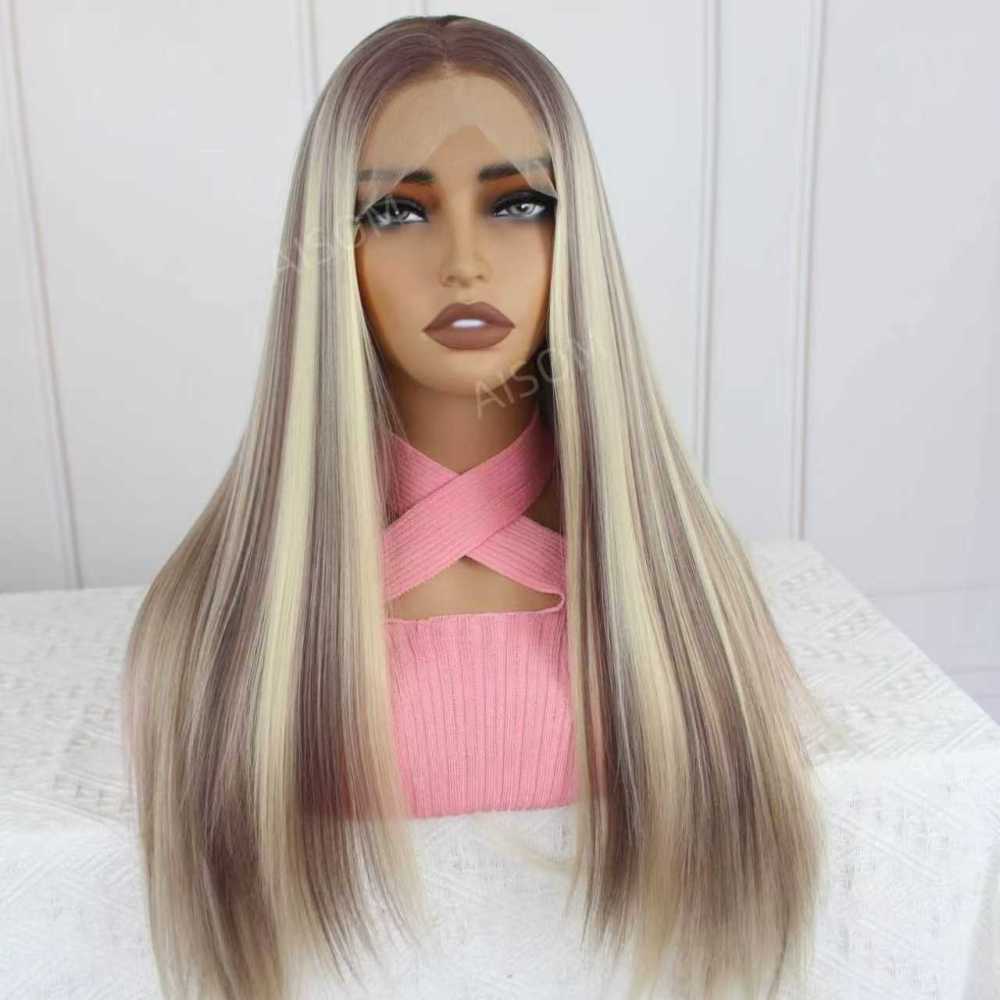 A58 by AISOM Long Straight Heat Friendly Synthetic Wig 13*4 Free Part Bright Blonde Highlight Lace Front Wigs for Women 27" Low Density