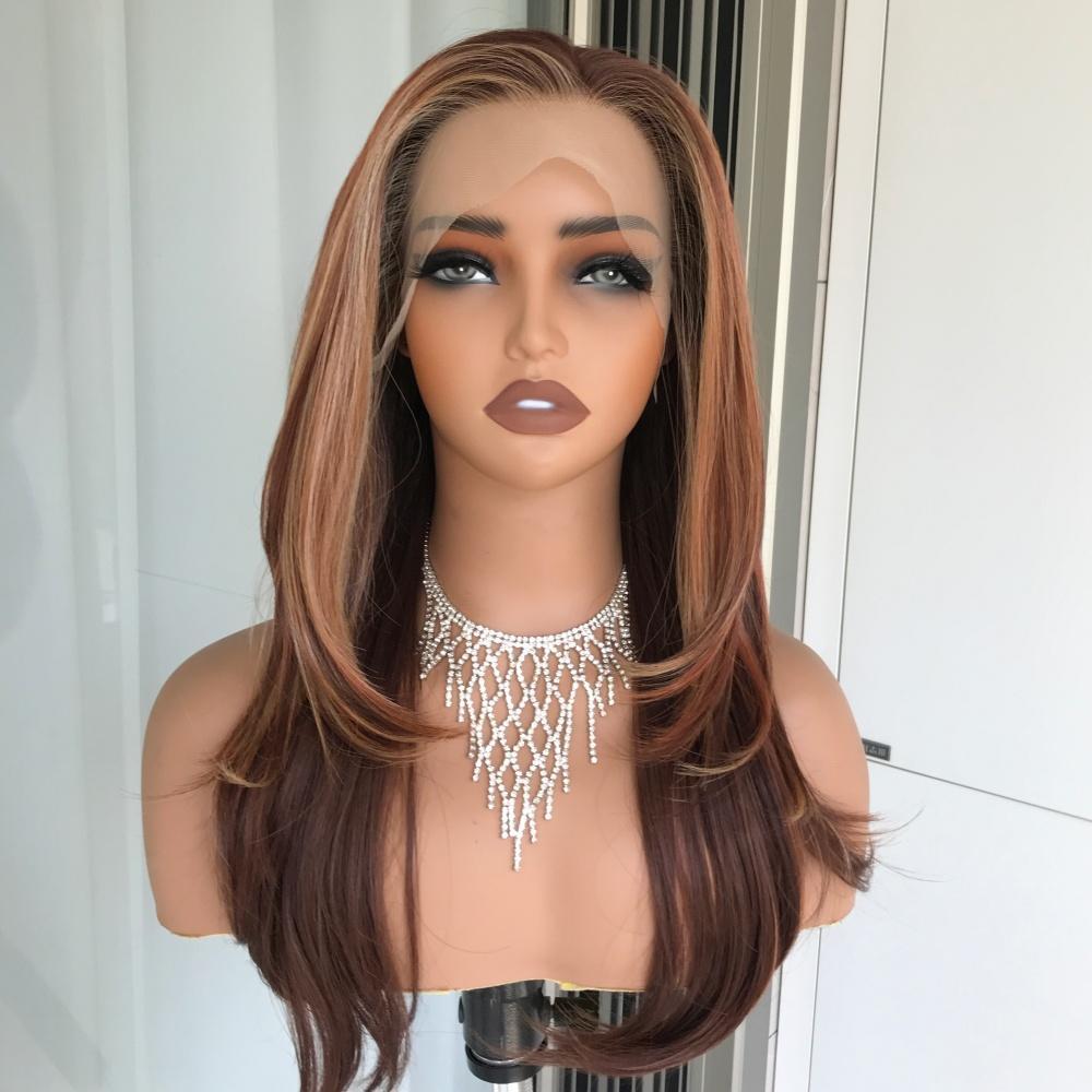 AISOM New Release Lila Natural Straight Toasted Maple Color Lace Front Wig 22 Inches 13x4 Free Part Synthetic Lace Wigs Natural Looking Glueless Wig Low Density