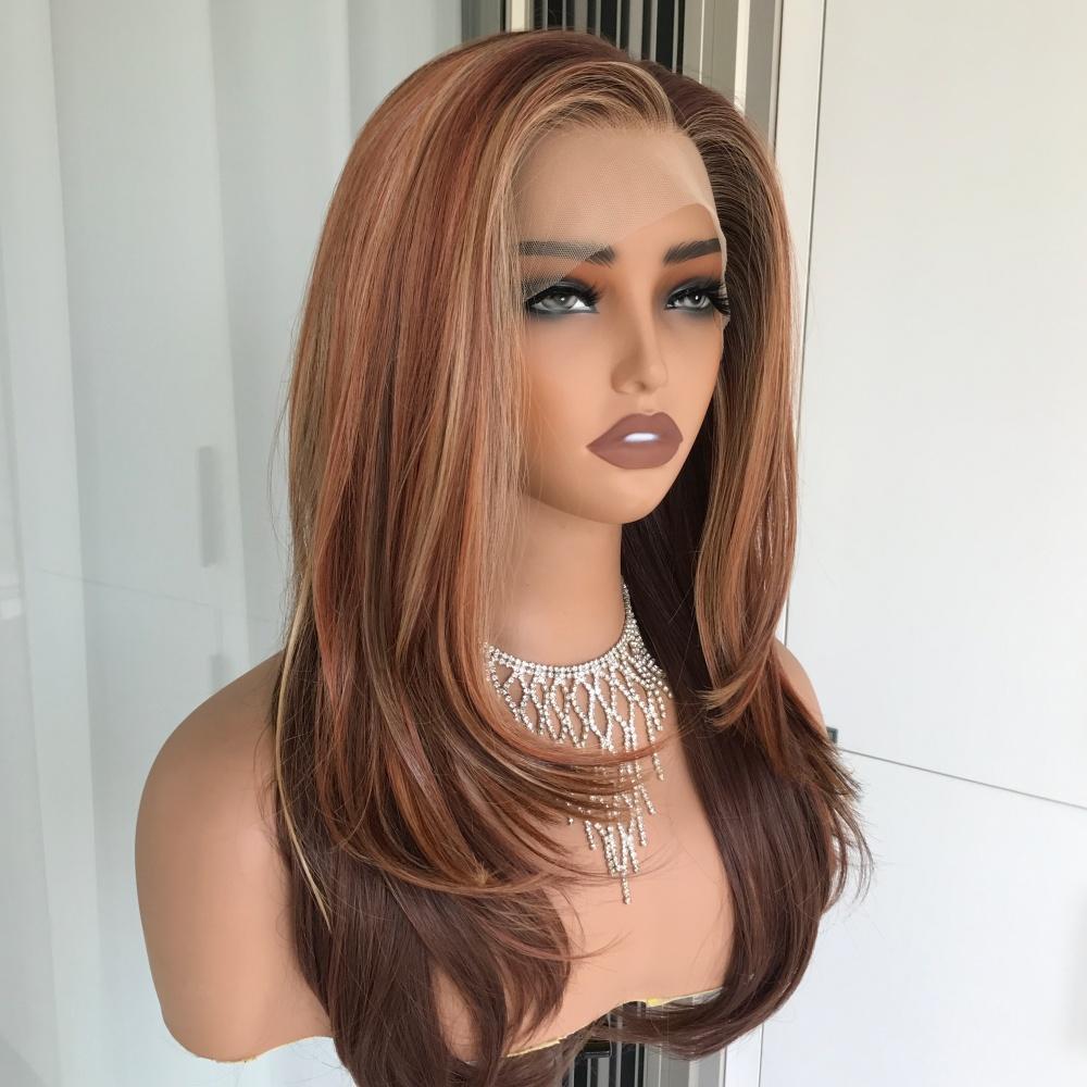 AISOM New Release Lila Natural Straight Toasted Maple Color Lace Front Wig 22 Inches 13x4 Free Part Synthetic Lace Wigs Natural Looking Glueless Wig Low Density