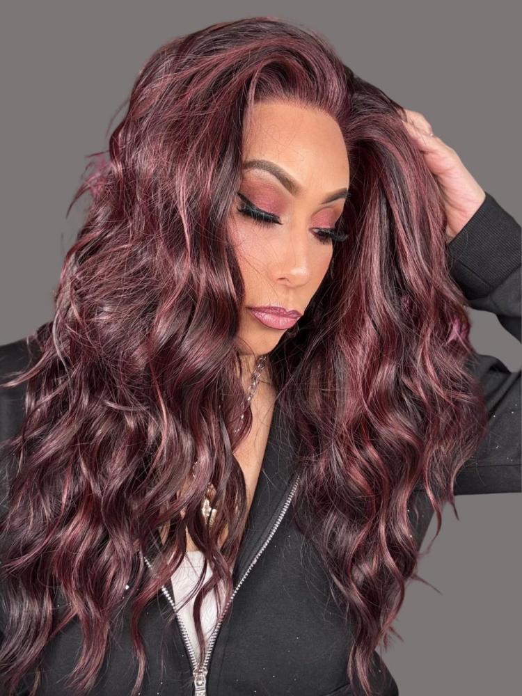 AISOM Marissa Black Cherry Long Water Wave 13x4 Free Part Lace Front Wig