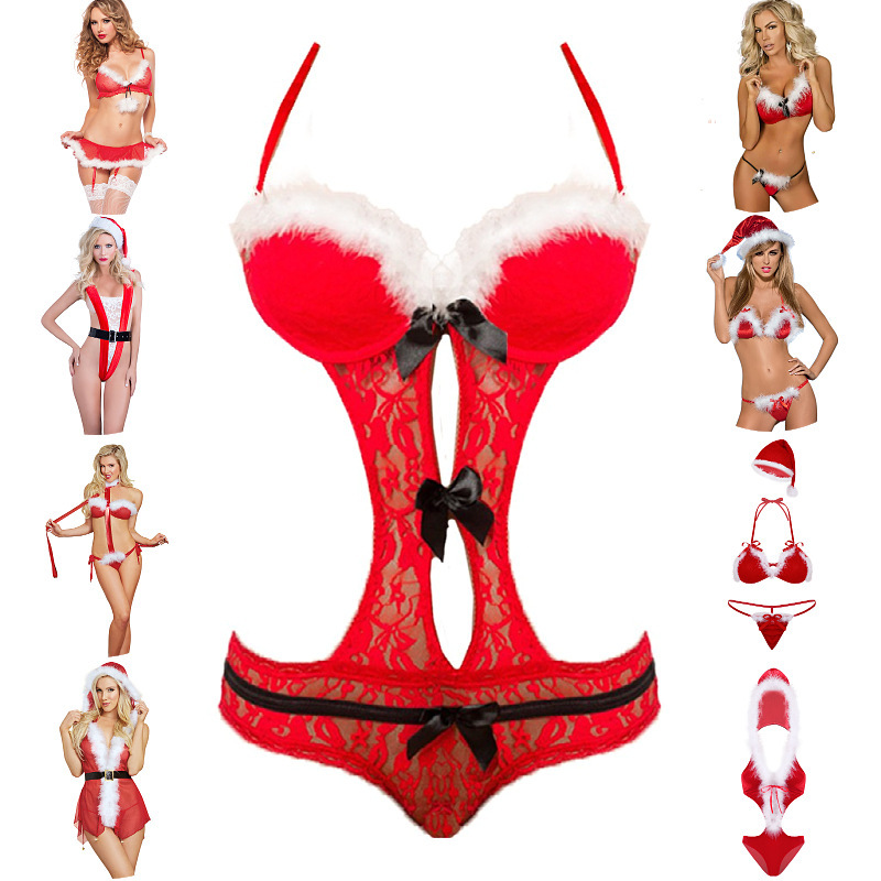 Women Christmas Lingerie Set with Underwire Santa Strappy Teddy Naughty Furry 2 Piece Lace Lingerie Set