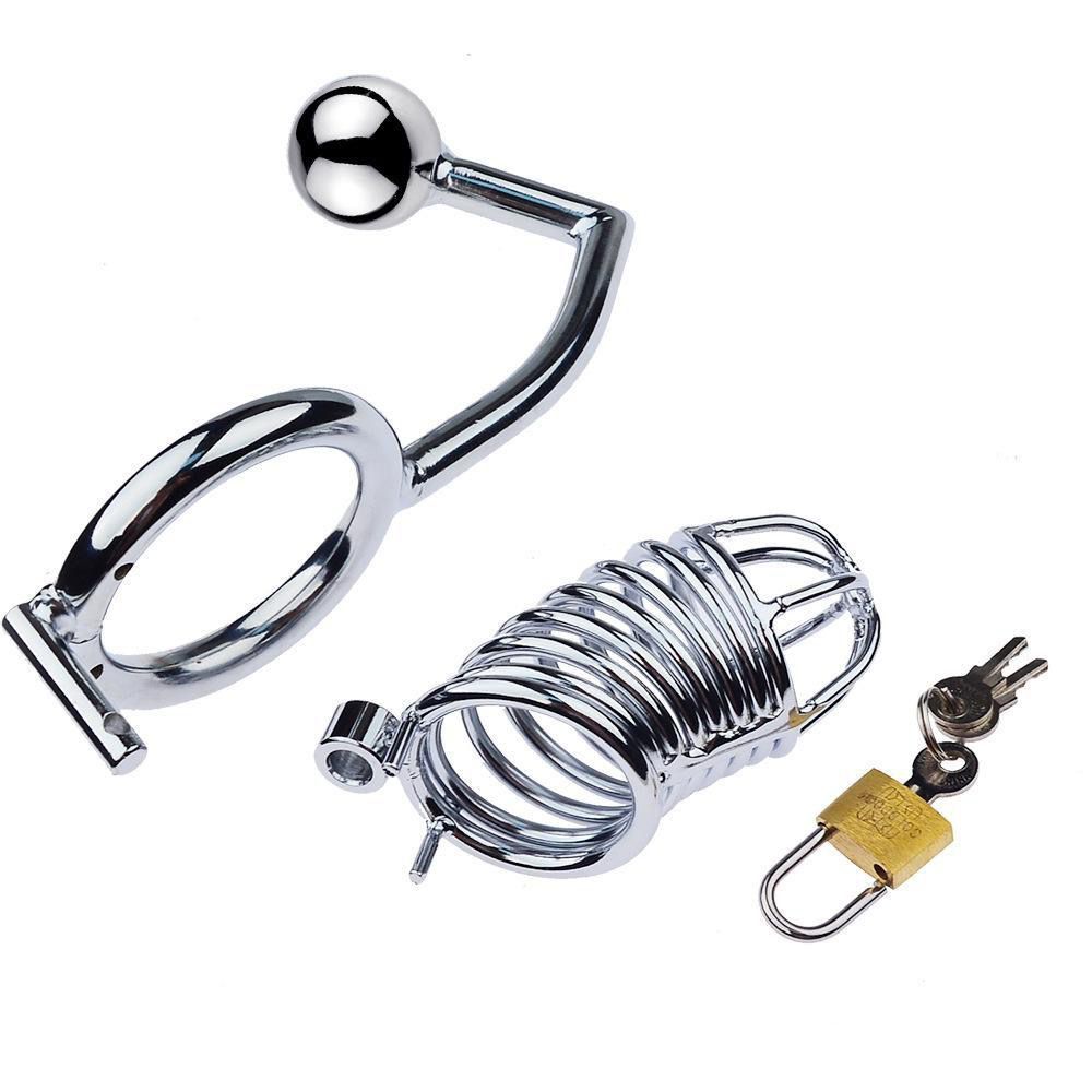 Metal Penis Annulus Cage Padlock - Davidsource Chrome Plated Stainless Steel Chastity Device Cock Cage for Men Fits Most of Size Adult Male Sex Toy (1.5" Base Ring, Silver)