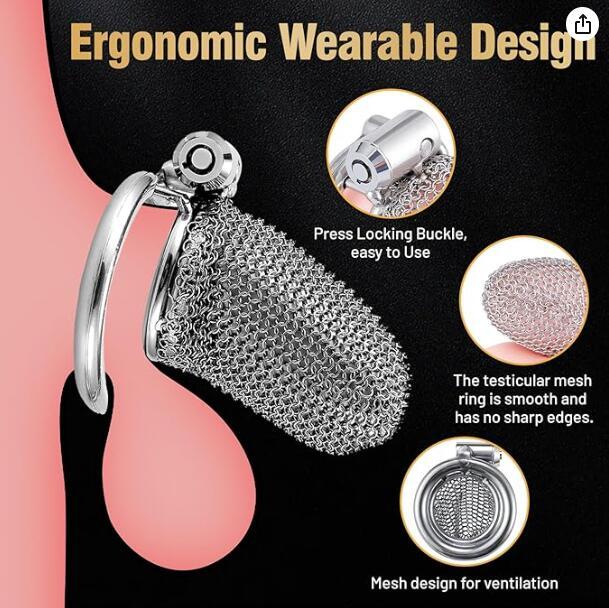 Chastity Cage - Male Chastity Device with Invisible Lock Set, 3 Sizes Rings (1.57", 1.77", 1.97"), Cock Cage Metal Mesh Chain,Large Stainless Steel Penis Bondage Restraints BDSM Sex Toy for Men