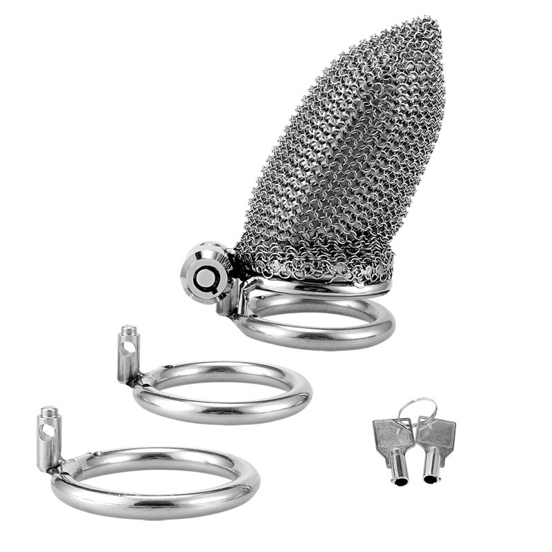 Chastity Cage - Male Chastity Device with Invisible Lock Set, 3 Sizes Rings (1.57", 1.77", 1.97"), Cock Cage Metal Mesh Chain,Large Stainless Steel Penis Bondage Restraints BDSM Sex Toy for Men
