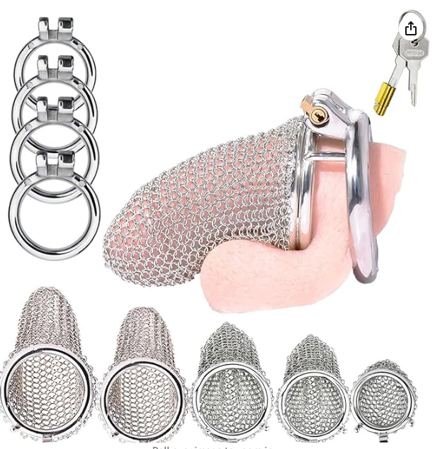 Chastity Cage - Male Chastity Device with Invisible Lock Set, 3 Sizes Rings (1.57", 1.77", 1.97"), Cock Cage Metal Mesh Chain,Large Stainless Steel Penis Bondage Restraints BDSM Sex Toy for Men