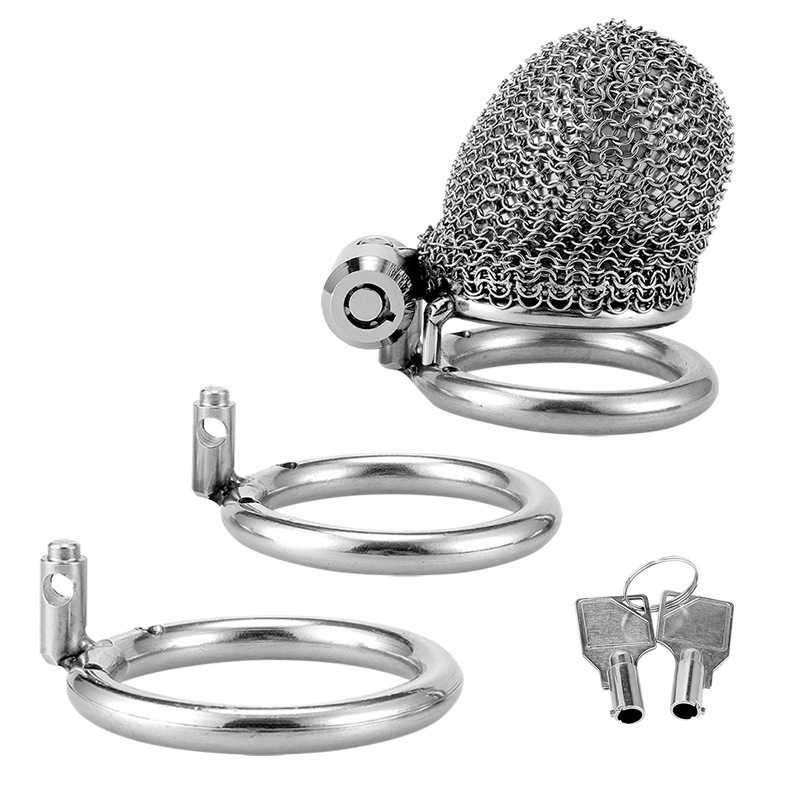 Chastity Cage - Male Chastity Device with Invisible Lock Set, 3 Sizes Rings (1.57", 1.77", 1.97"), Cock Cage Metal Mesh Chain,Large Stainless Steel Penis Bondage Restraints BDSM Sex Toy for Men