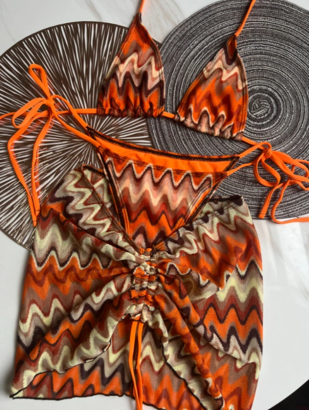 Women's 3 Piece Allover Print Bikini Set Halter Knot Tie Back Swimsuit and Skirts Cover Up