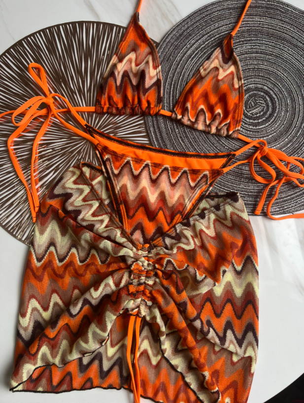 Women's 3 Piece Allover Print Bikini Set Halter Knot Tie Back Swimsuit and Skirts Cover Up