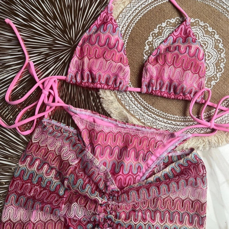 Women's 3 Piece Allover Print Bikini Set Halter Knot Tie Back Swimsuit and Skirts Cover Up