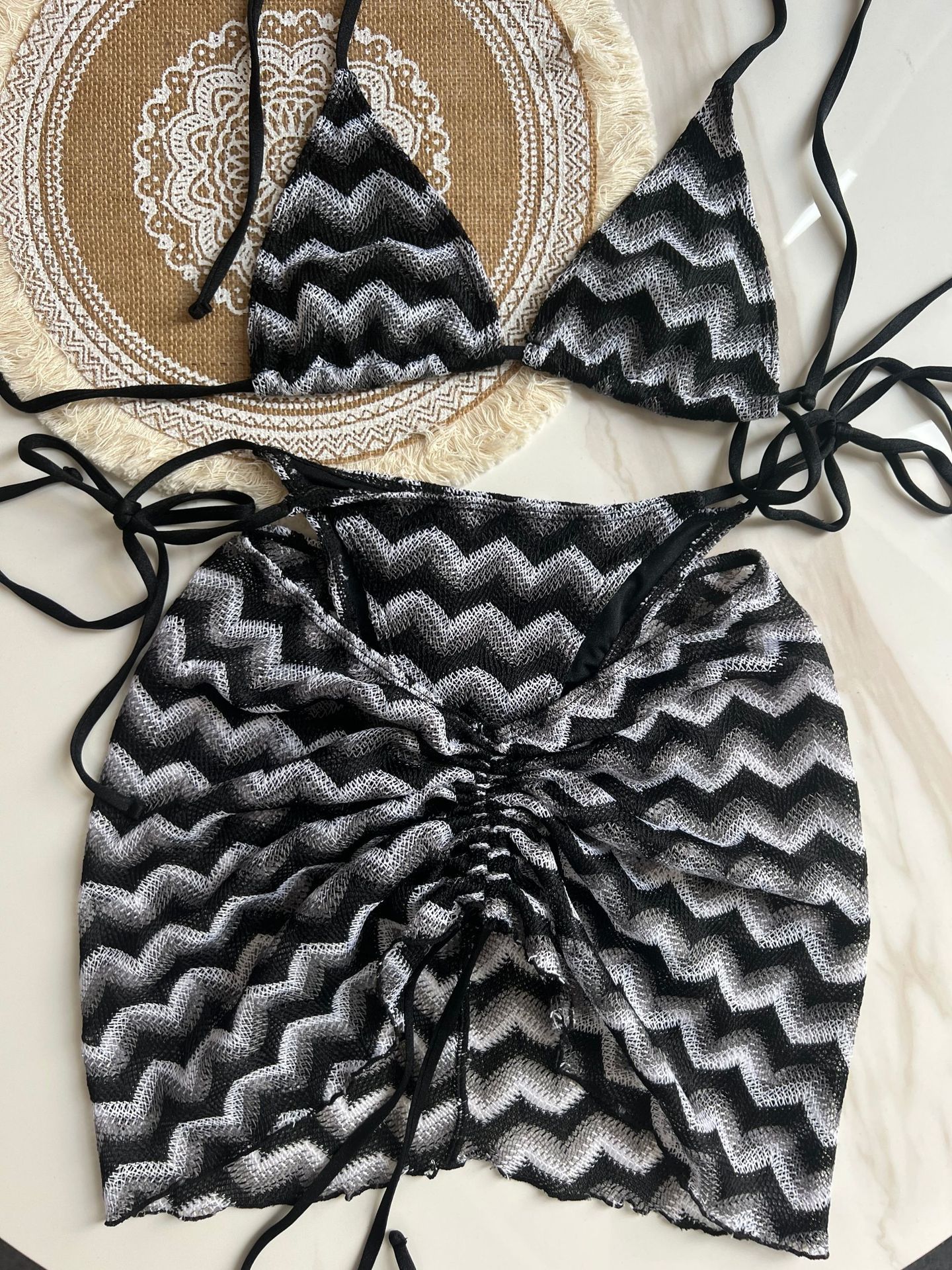 Women's 3 Piece Allover Print Bikini Set Halter Knot Tie Back Swimsuit and Skirts Cover Up
