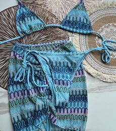 Women's 3 Piece Allover Print Bikini Set Halter Knot Tie Back Swimsuit and Skirts Cover Up