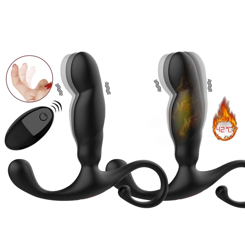 Anal vibrator - prostate massager with 2 vibrating cockscomb rings, 9 vibration and buttock pushing modes, adult male anal toy, black