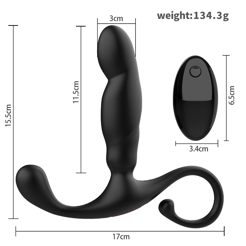 Anal vibrator - prostate massager with 2 vibrating cockscomb rings, 9 vibration and buttock pushing modes, adult male anal toy, black